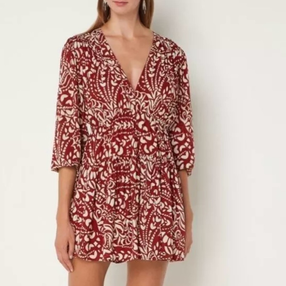 ba&sh Printed Kimy 3/4 Sleeve V-Neck Mini Dress Rust Size M